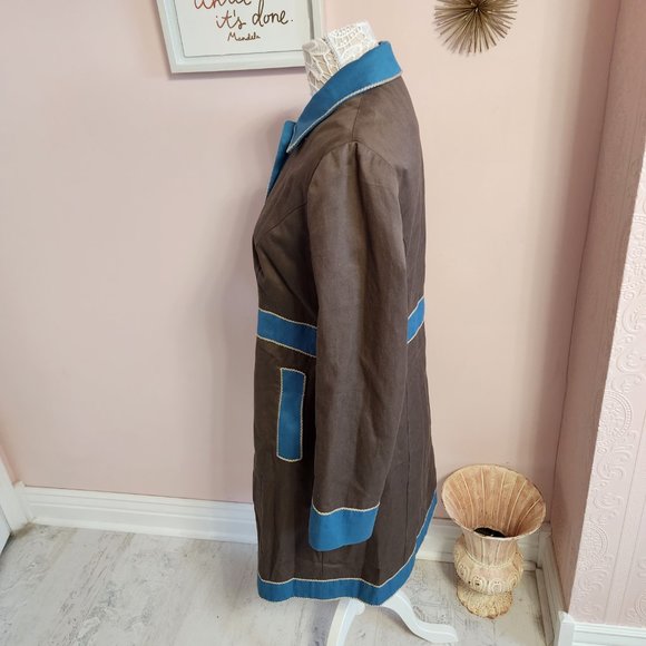 SOLDBODEN Colorblock turquoise, brown long jacket NWOT 12 Cotton - Picture 5 of 8